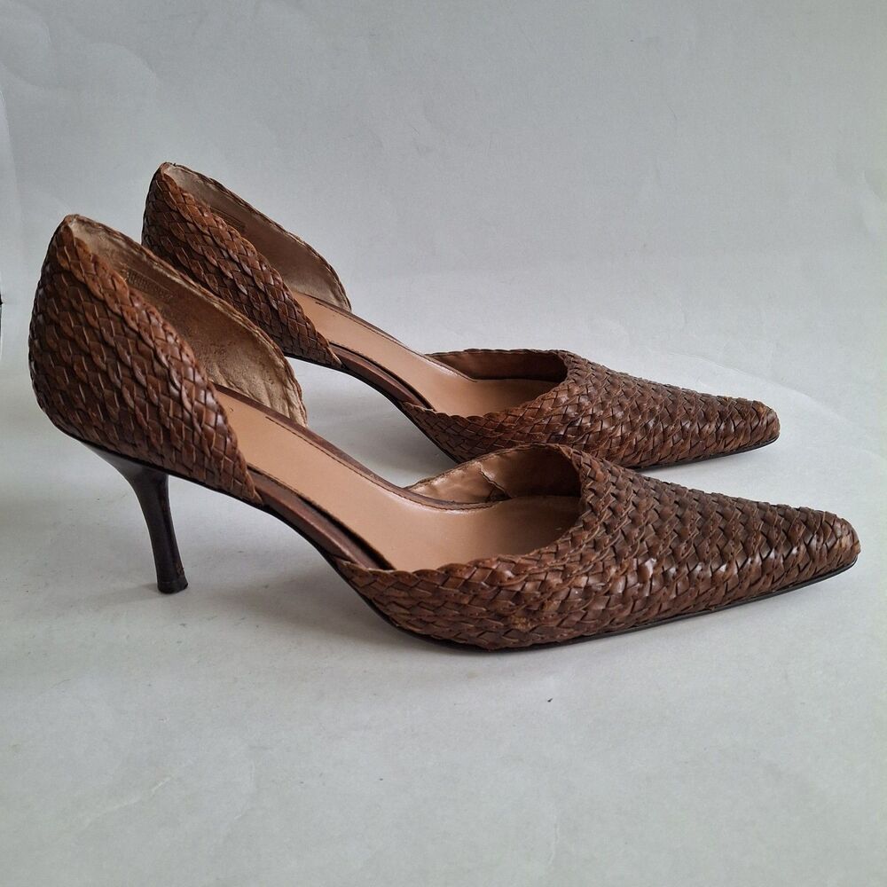 CIRCA Woven Leather d'Orsay Shoe 8M Pointed Toe Kitten Heel Neutral Old Money